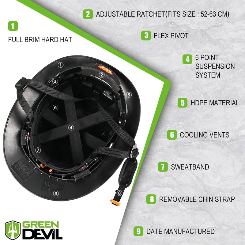 GREEN DEVIL Full Brim Hard Hat with Built-in Visor Vented
