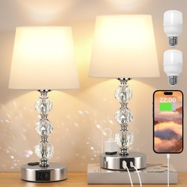 Acaxin 14.6'' Bedside Lamps for bedrooms Set of 2 - Mini Crystal Table Lamps with USB A+C Charging Ports and AC Outlet, 3 Way Dimmable Touch Control Silver Bed Side Nightstand Lamp