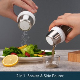 2 in 1 Glass Salt and Pepper Shaker with Side Pour Spout, Built-in Lid to Slow Down Dampness with Measuring Marks, Elegant Borosilicate Glass Salt Dispenser for Kitchen, BPA Free,4oz (White)