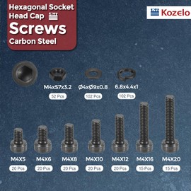 Kozelo 386pcs M4 Socket Head Cap Screws Bolts Nuts Assortment Kit - [M4x5/6/8/10/12/16/20mm] Alloy Steel Fully Threaded Black Oxide 12.9 Internal Hex Screw for 3D Printer Use