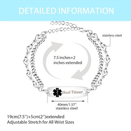 Uloveido Blood Thinner Medical Bracelet | Emergency Medical ID Waterproof Beaded Design Bracelets | | Double Chain Stainless Steel Adjustable Chains ID Jewelry YA3989