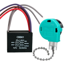 Ceiling Fan Capacitor CBB61 4.5uf + 6uf + 5uf 5wire 250V, Ceiling Fan Switch 3 Speed 4 Wire Pull Chain Switch for Fan, Wall Lamps, Light (Silver)