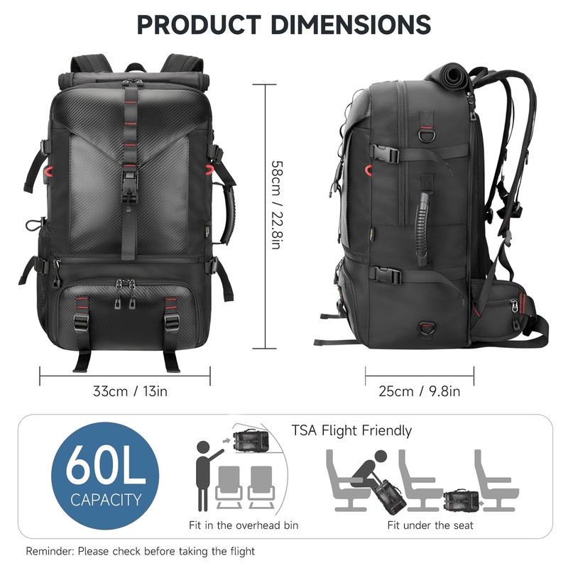 60L Large Travel Backpack for Men, 17 Inch Laptop Backpack