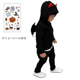 MUXIU Halloween Costume, Kids, Devil Hoodie, Jersey, Long Sleeve, Cosplay, Christmas, Party, Unisex, 3-Piece Set (Top + Pants + Tattoo Sticker), Gift (Black, 35.4 inches (90 cm))