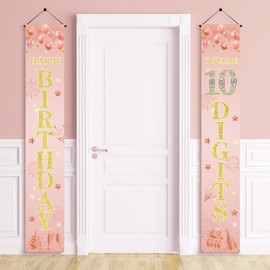 10th Birthday Decorations Banner Girl - Rose Gold Happy 10th Birthday Party Door Porch Sign, Door Banners for Double Digits Party Decoration Supplies