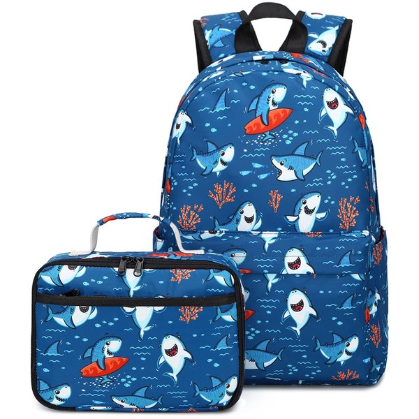 CAMTOP Backpack for Kids, Boys Preschool Backpack with Lunch Box Toddler Kindergarten Shark School Bookbag Set (Y028-2 Shark-Navy Blue)