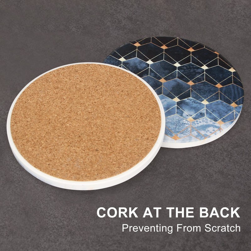 Vibiliyou Absorbent Coasters Blue Cube Coasters with Gold Holder Round