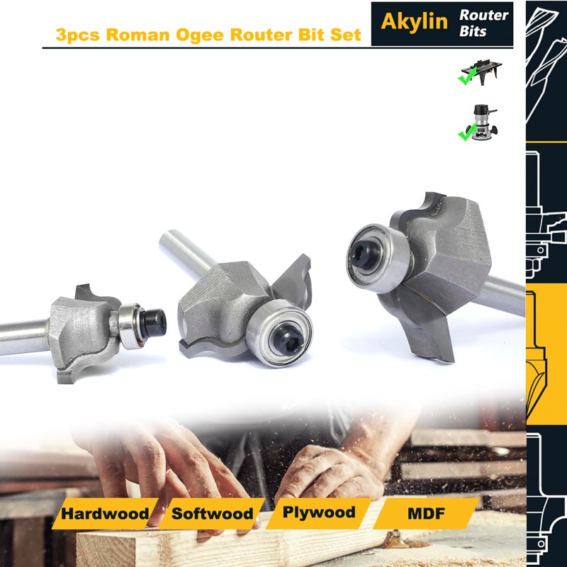 Akylin 3Pcs Roman Ogee Router Bit Set,1/4" Shank,Bearing Guided Decorative