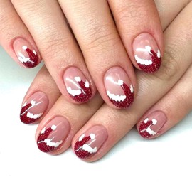 Christmas Press on Nails Short Almond Fake Nails Santa Hat French Tips False Nails Glitter Red French Tips Stick on Nails Winter Full Cover Glossy Acrylic Nails Glue on Nails for Women Girls 24Pcs