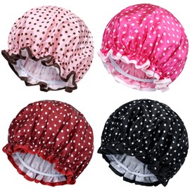 Yoosit 4 PACK Large Waterproof Satin Shower Caps Adjustable Bath Hair Caps Silky Fabric Lined Bathing Hair Cover Wraps Bonnets Hair Protector for Women Girls (Polka Dots Colors)