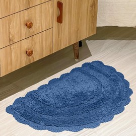 Chardin home Blue Crochet Bathrug,100% Cotton Semicircle bathmat with artisanally Handcrafted Crochet Border, 20x32 Inch D Shape, Perfect for Half Baths, Powder Rooms, bathrooms