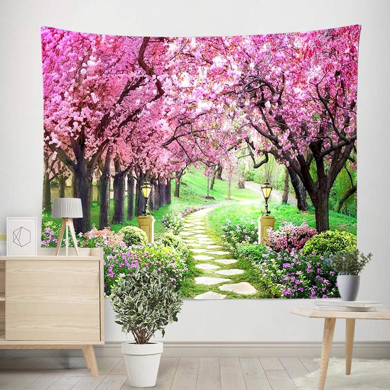 CHENGOR Tree Flower Tapestry Forest Path Red Cherry Blossom Wall