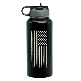32oz American Flag Stainless Steel Insulated Water Bottle - Engraved USA Flag - American Flag Gift Set | Flag 32 oz Water Bottle