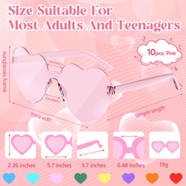 NACHLYNN 10 Pairs Heart Sunglasses Women Rimless Heart Shaped Sunglasses Color Heart Glasses for Costumes Cosplay(Light Pink)