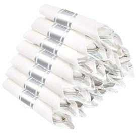 WELLIFE 50 Pack Pre Rolled Napkins with Silver Plastic Cutlery Set, Exquisite Disposable Silverware Includes: 50 Silver Knives, 50 Silver Forks, 50 Silver Spoons, 50 White Napkins