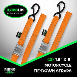 Rhino USA Motorcycle Tie Down Straps (2 Pack) Lab Inspected 2,200lb Break Strength, Steel Cambuckle Tiedown Set with Integrated Soft Loops - Better Than a Ratchet Strap (Orange 2-Pack)