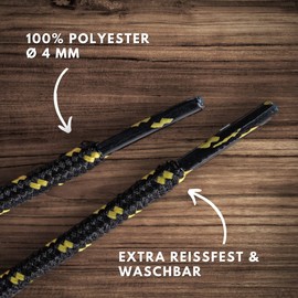 LaceHype 2 Pairs – Premium Round Shoelaces, Diameter 4.5 mm, Polyester, for Work Shoes, Boots, Outdoor Shoes and Sports Shoes, Tear-Resistant Shoe Laces, black/yellow