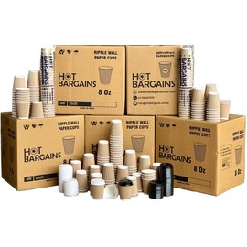 HOT BARGAINS, 50 X 8oz / 230ml Kraft Triple Walled Disposable Paper Ripple Cups Disposable Coffee Tea Cups Disposable Hot Drink Cups + LIDS Free