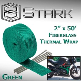 Stark 2" x 50FT Exhaust Header Fiberglass Heat Wrap Tape w/ 5 Steel Ties - Green (VW)