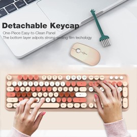 Wireless Keyboard Mouse Combo, 2.4GHz Retro Typewriter Keyboard with 104 Cute Colorful Round Keys, Letton Full Size Wireless Keyboard Mouse with 3 DPI for Computer PC Laptop-Brown
