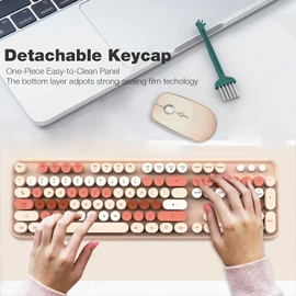 Wireless Keyboard Mouse Combo, 2.4GHz Retro Typewriter Keyboard with 104 Cute Colorful Round Keys, Letton Full Size Wireless Keyboard Mouse with 3 DPI for Computer PC Laptop-Brown