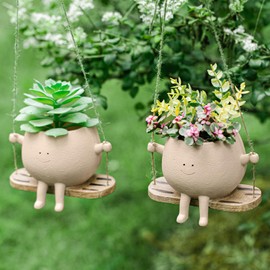 Domensi 2 Pcs Swing Hanging Planter Cute Smile Flower Face Pot Indoor Outdoor Pots for Succulent String of Pearls Plants Plant Ideal Gifts for Christmas Birthday(Swing Spherical,Medium)