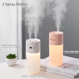 HODEMI Portable Small Humidifier - Cold Mist Humidifiers with Water Shortage Protection, Warm Night Light, Recharge Dual Nozzle Mini Humidifier for Bedroom, Plants, Office, and Car (White)