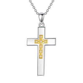 LWXIE Diamond Cross Necklace for Women Men 925 Sterling Silver Double Cross Pendant Necklaces with 0.06 ct. t.w. Lab Grown Diamond Jewelry Gifts