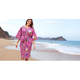 CRAFT KALA Women's Long Robes Kimono Robe with Colorful Crown Printed Pink Kimono Nightgown