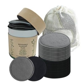 Sopurrrdy 28 Pack Reusable Cotton Rounds with Washable Laundry Bag and Round Box|Travel Essentials for Skincare, Makeup Remover Pads and Storage|Reusable Makeup Remover Pads Black