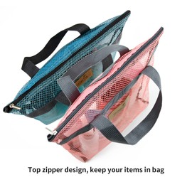 TOPASION Mesh Shower Caddy Bag Portable Hanging Toiletry and Bath Organizer with Zipper for Travel, Gym, Camping, College Dorms, Beach (Sky Blue&Pink)