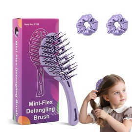 Yeria Children's Hair Brush without Pulling - Purple Detangling Brush for Girls Including 2 Silk Hair Bobbles - Leaf Design Detangler Brush - Anti-Pull Brush for Fine & Curly Hair