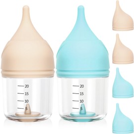 Acellegic 2 Pcs Kitten Bottles for Nursing, 20 ml Kitten Bottle Feeding Kit with 4 Pcs Replaceable Silicone Nipples Puppy Milk Replacer, Anti-Choking Feeder Design, Blue and Yellow for Newborn Pets