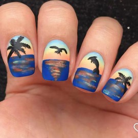 Summer French Press on Nails Short Square Fake Nails Matte Glue on Nails Coconut Tree Stick on Nails Dolphin Eagle Acrylic False Nails Full Cover Artificial Nails Reusable Nails Kit for Women Girls