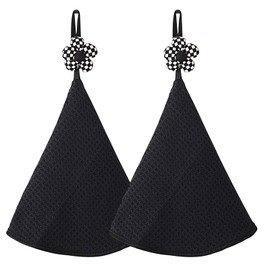 VIVOTE 2 Piece Round Towel Set with Loops, Quick Dry Towels for Bathroom, Soft and Super Absorbent Kitchen Towels Waffle Towel with Lanyard Design (Black, 50 x 50 cm)