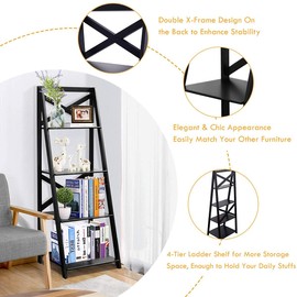 LUARANE Modern 4-Tier Ladder Shelf, Wooden Bookshelf with X-Shaped Frame, Free Standing Bookcase with 4 Open Storage Shelves, Organizer Shelf for Living Room Kitchen Office (1, Black)