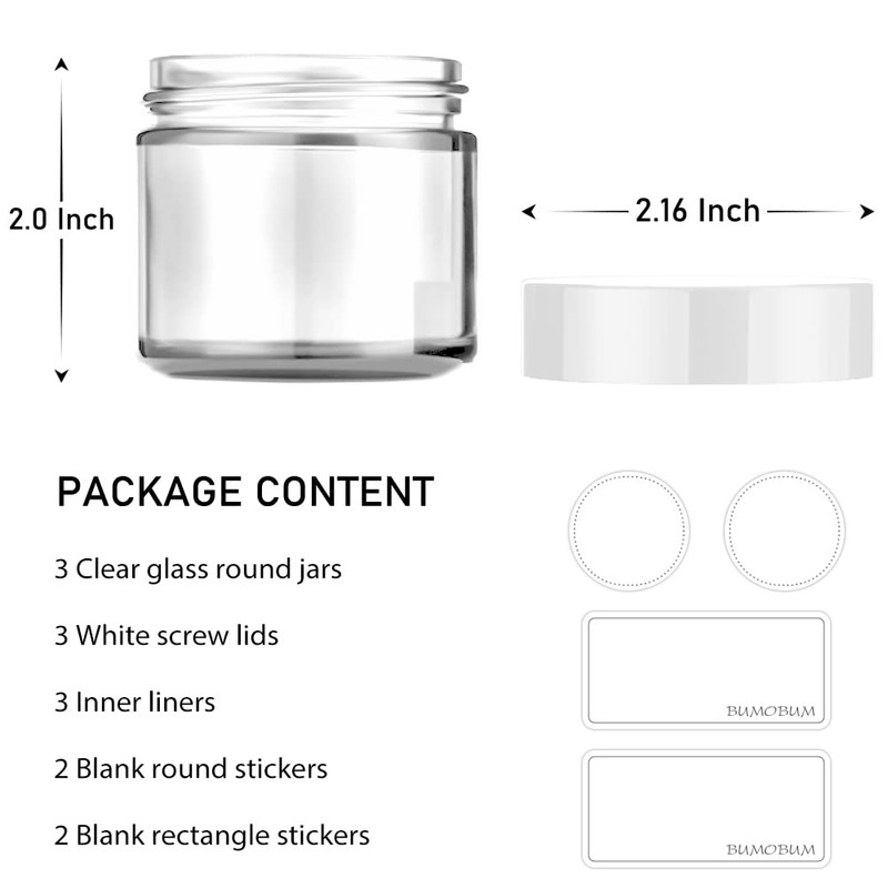 2 oz Glass Jars with Lids, Bumobum 3 pack Clear