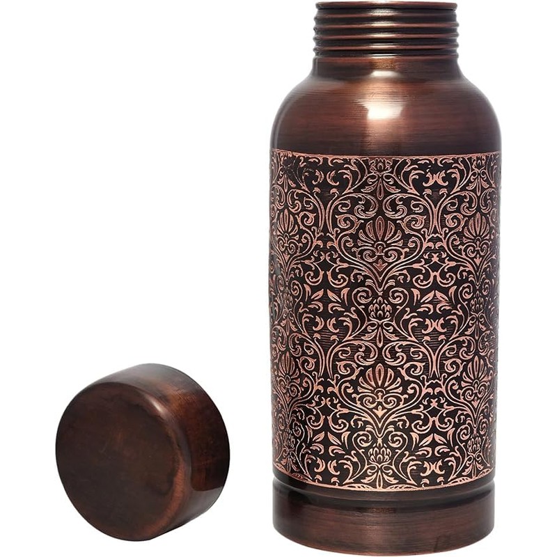ANCIENTIMPEX Pure Copper Water Bottle Beautiful Floral Pattern For Ayurveda