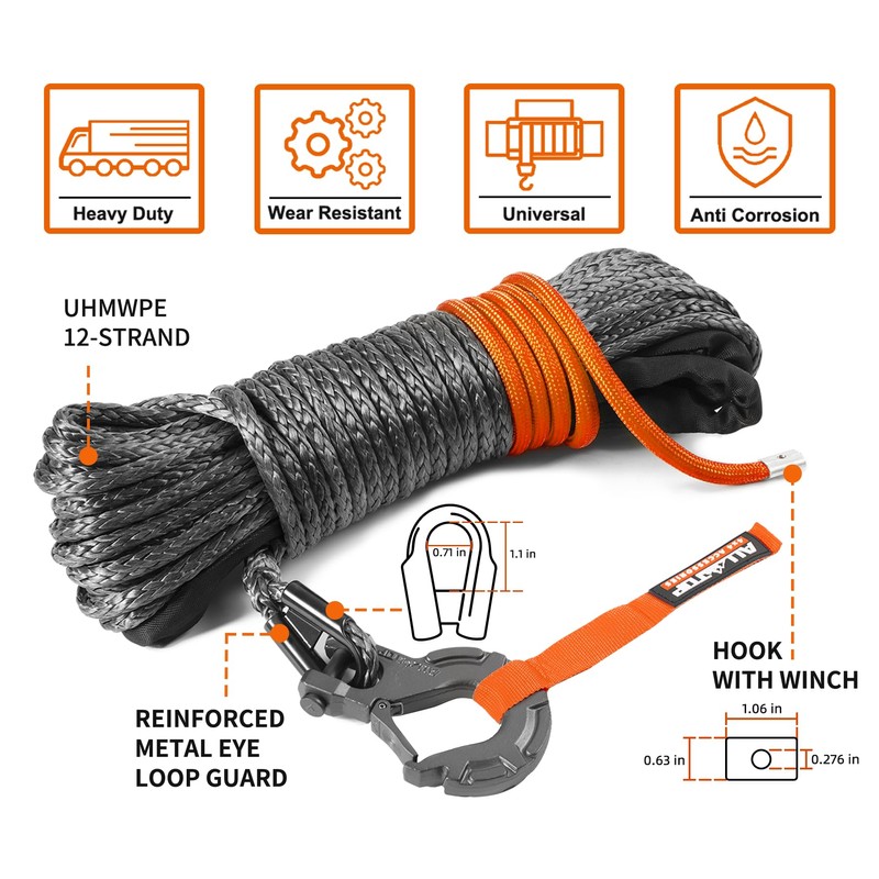 ALL-TOP Synthetic Winch Rope w/Hook & Isolator, 3/16in x 50ft,