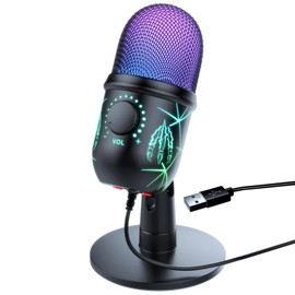 Fixash Condenser Microphone, USB Microphone, Gaming Microphone, PC, Dynamic, Tabletop, PC, RGB, Single Directional, High Sensitivity, Sound Collection, Stand, Recording, Broadcast, Meeting, Gaming