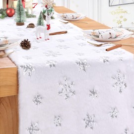 White Faux Fur Table Runner 13 x 108 inch Long Silver Sequin Christmas Table Runner Winter Snowy Christmas Table Decorations