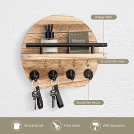 Nekon Key Holder for Wall - 9.8 Inch Apartment Wall Decor with Shelf and 8 Key Hooks, Circular Wood Key Hanger for Home Decor (Wood)