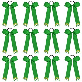 DEEKA 12PCS Collegiate Style Cheer Bows with Glitter Chevrons Tail Skinny College Cheerleader Ponytail Holder for Volleyball Softball Girls (Green/Gold/White)