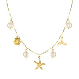 Nymora Charm Necklace for Women – Dainty Gold Paperclip Chain with Beach Charms, Gold Necklace，Moon, Star, Shell, and Hexagram Pendant, Elegant Summer Jewelry Gift