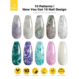BURANO Nail Art Nail Foil Glue Gel, o.5 oz with 10PCS Foil Stickers Set Nail Foil Glue for Nails Foil Transfer Gel, Nail Design DIY UV LED Lamp Required (Marble Foil 15)