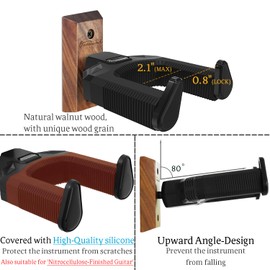 Onmiwod Onmiwod Guitar Wall Mount, Auto Lock Black Walnut Wood Guitar Hanger, Guitar Wall Hangers, Guitar Holder Hook Wall Stand for Classical, Acoustic, Electric Guitar, Bass, Gift for Guitar Player