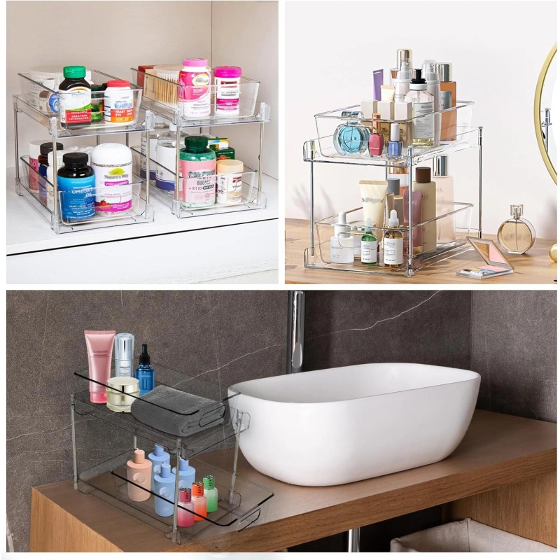 COKIHOM 1-Pack 2-Tier Clear Pull-Out Organizer with Track for Bathroom