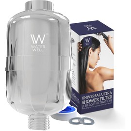 WaterWell 8 Stage Shower Head Filter - 95% Removal of Chlorine and Water Impurities for Healthier Hair and Skin - 2 Cartridges Included - No Tools Required