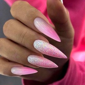 IQXGE Long Stiletto Acrylic Press on Nails Artificial Acrylic Nails Press Ons Full Cover Glue on Fake Nail with Bling Glossy Designs Pink Ombre Stick on False Nail for Women