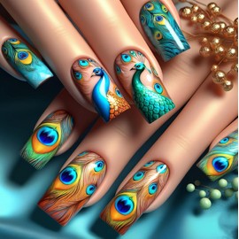 Coffin Shaped Press on Nails Medium Length Fake Nails with Peacock and Feather Designs Green Glossy False Nails Full Cover Reusable Acrylic Nails Stick on Nails for Women Nail Art Manicure 24 Pcs